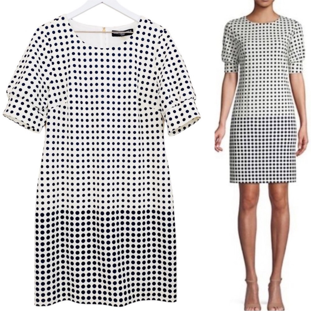 Karl Lagerfeld White & Blue Polka Dot Ombré Style Puff Sleeve Sheath Dress